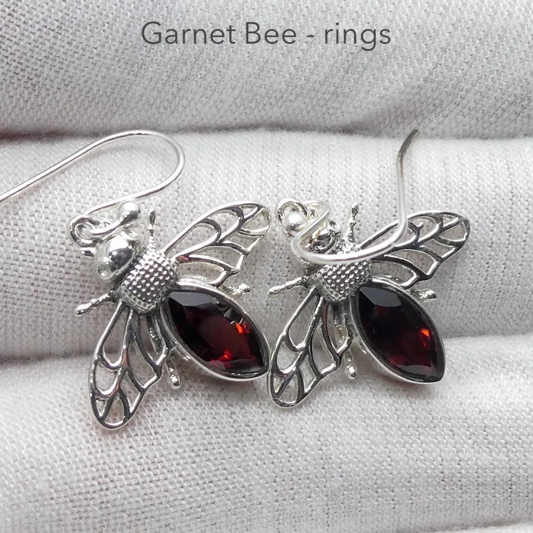 Bee Earrings with Faceted Garnet, 925 Sterling Silver