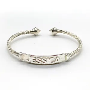 Better Jewelry Personalized .925 Sterling Silver Nameplate Coiled Rope Bangle w. Thick Pyramid Ends (Made in USA)