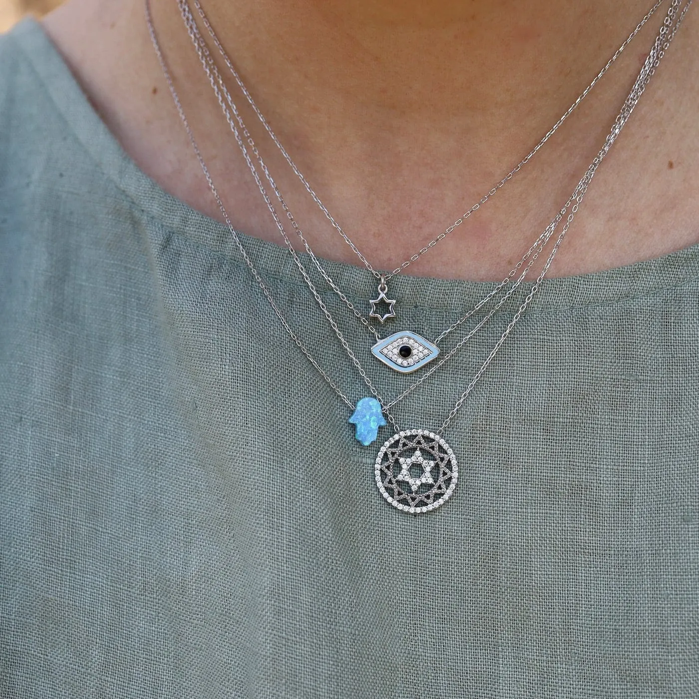 Blue Opal Hamsa Hand Necklace on Sterling Silver Chain