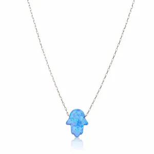 Blue Opal Hamsa Hand Necklace on Sterling Silver Chain