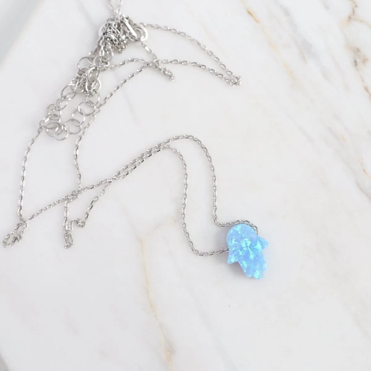 Blue Opal Hamsa Hand Necklace on Sterling Silver Chain