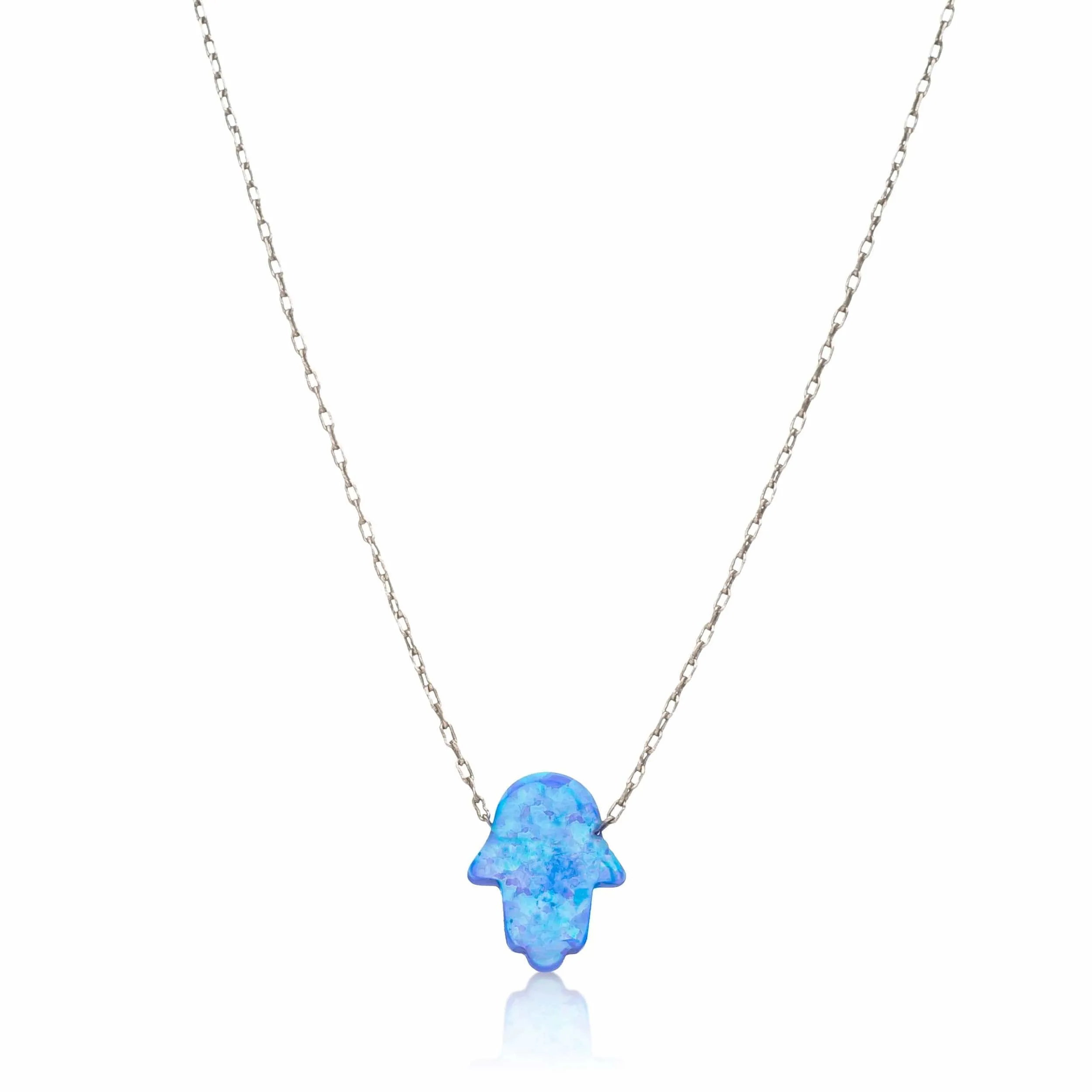 Blue Opal Hamsa Hand Necklace on Sterling Silver Chain