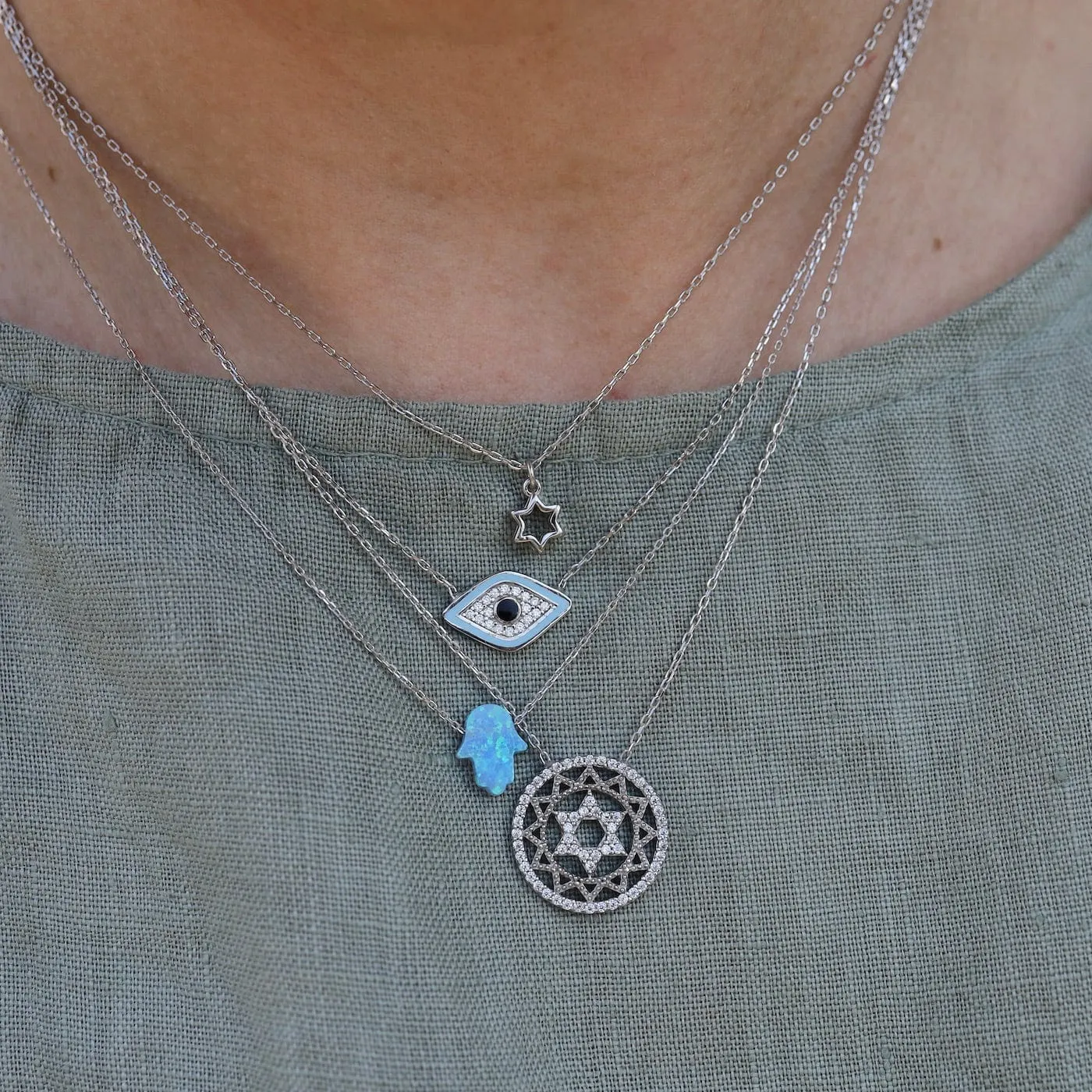 Blue Opal Hamsa Hand Necklace on Sterling Silver Chain