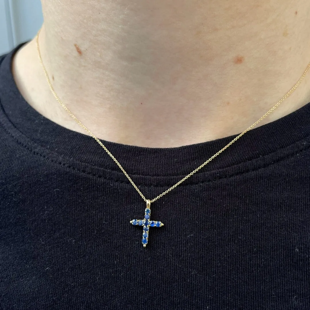 Blue Sapphire Cross 18K Gold Pendant Necklace