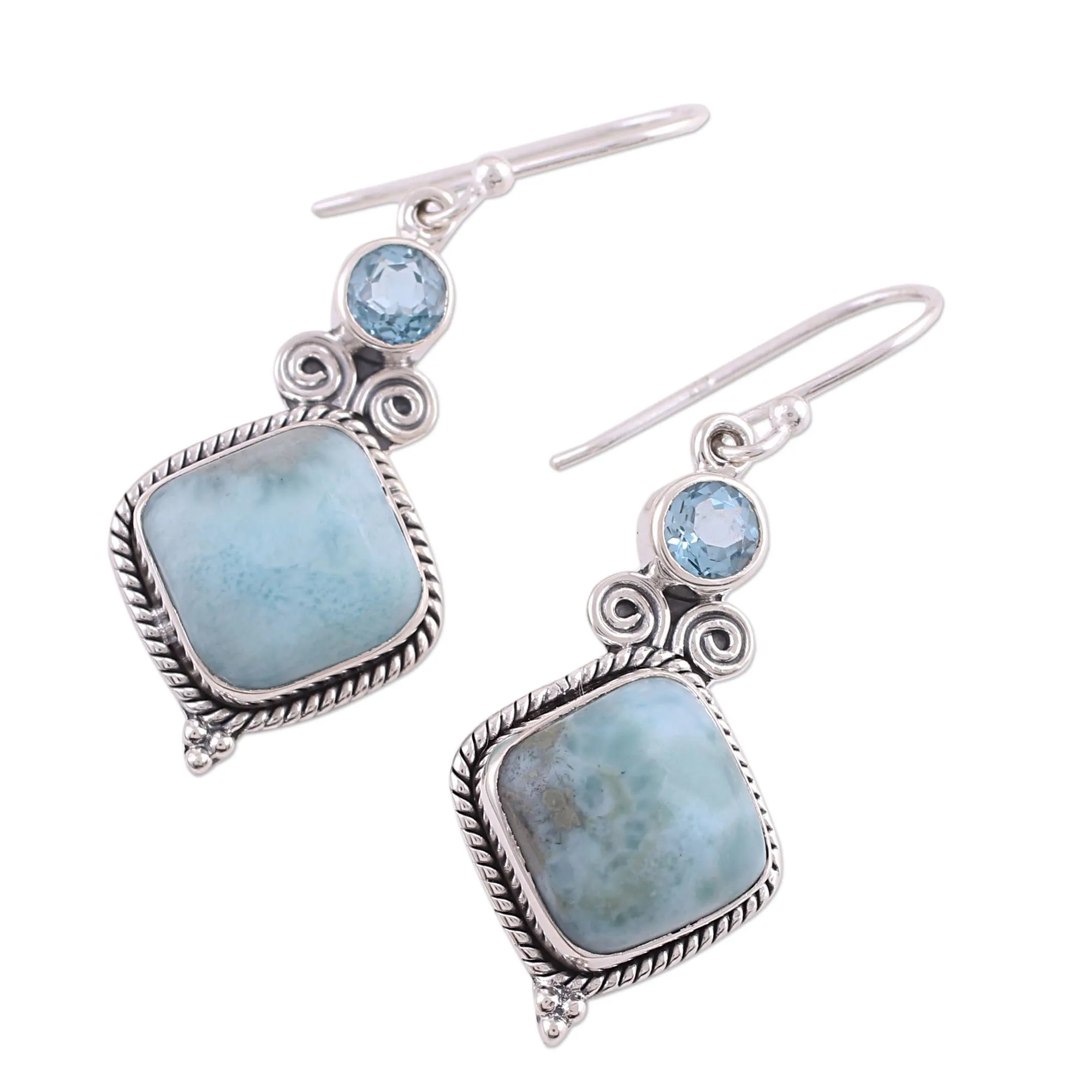 Blue Topaz and Larimar Sterling Silver Dangle Earrings - Pastel Seas | NOVICA