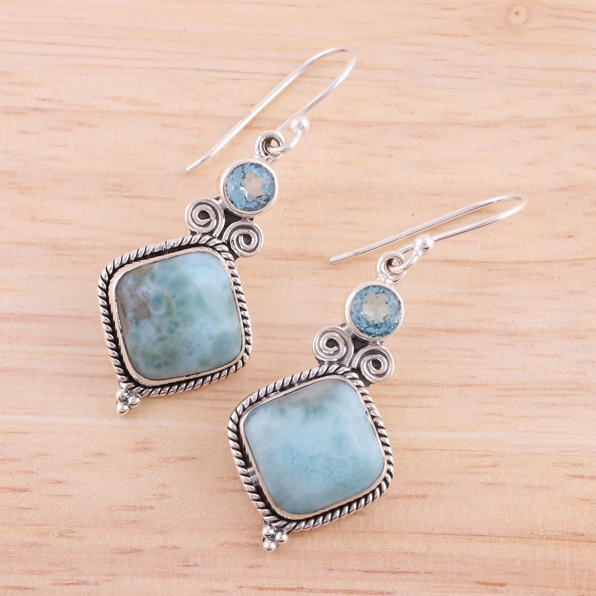 Blue Topaz and Larimar Sterling Silver Dangle Earrings - Pastel Seas | NOVICA