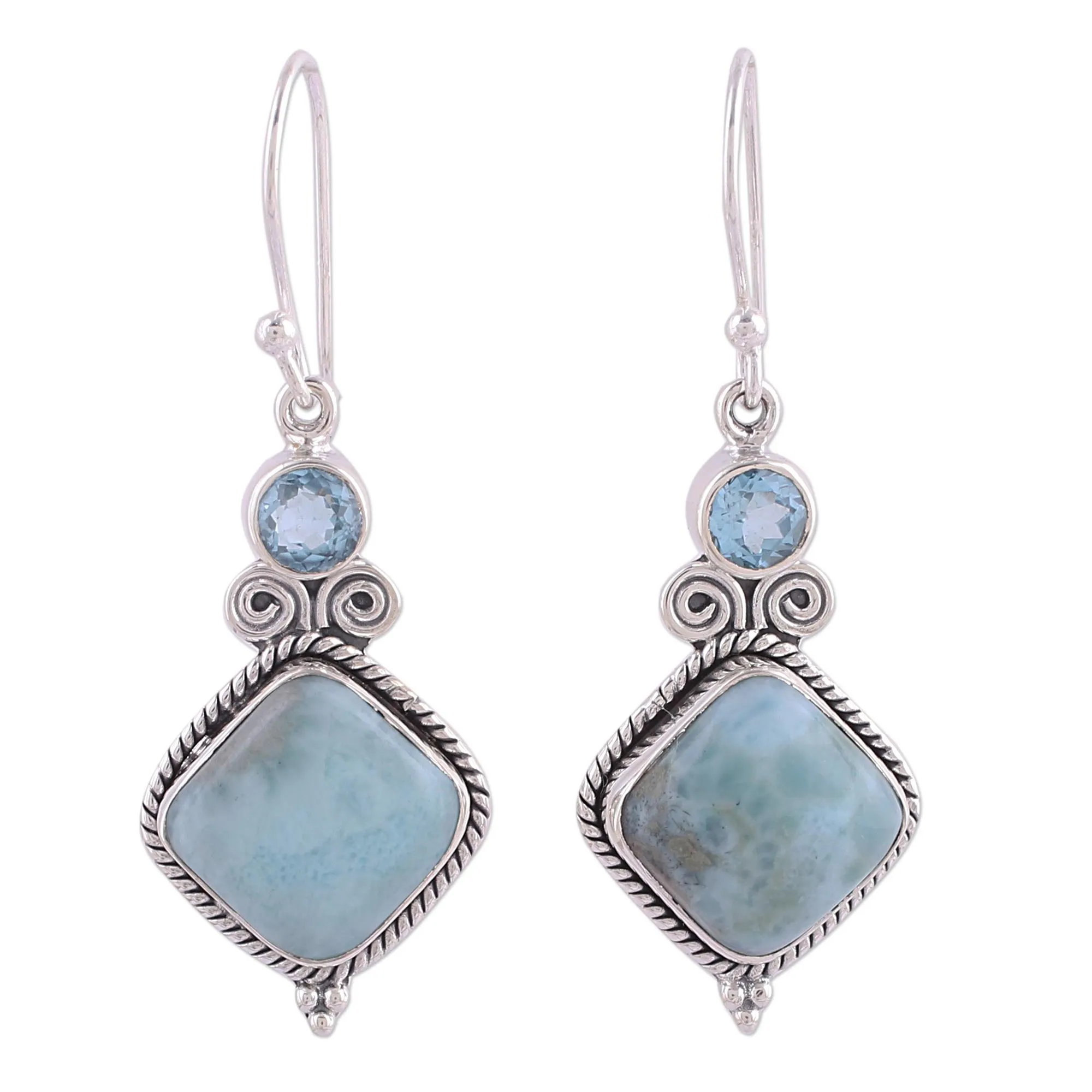 Blue Topaz and Larimar Sterling Silver Dangle Earrings - Pastel Seas | NOVICA