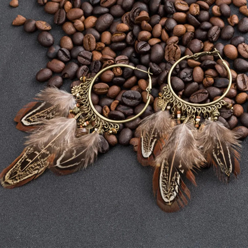 Boho Exaggerate Brown Feather Tassel Pendant Earrings For Women Bohemian  Metal Round Circle Wood Metal Chain Earring Jewelry