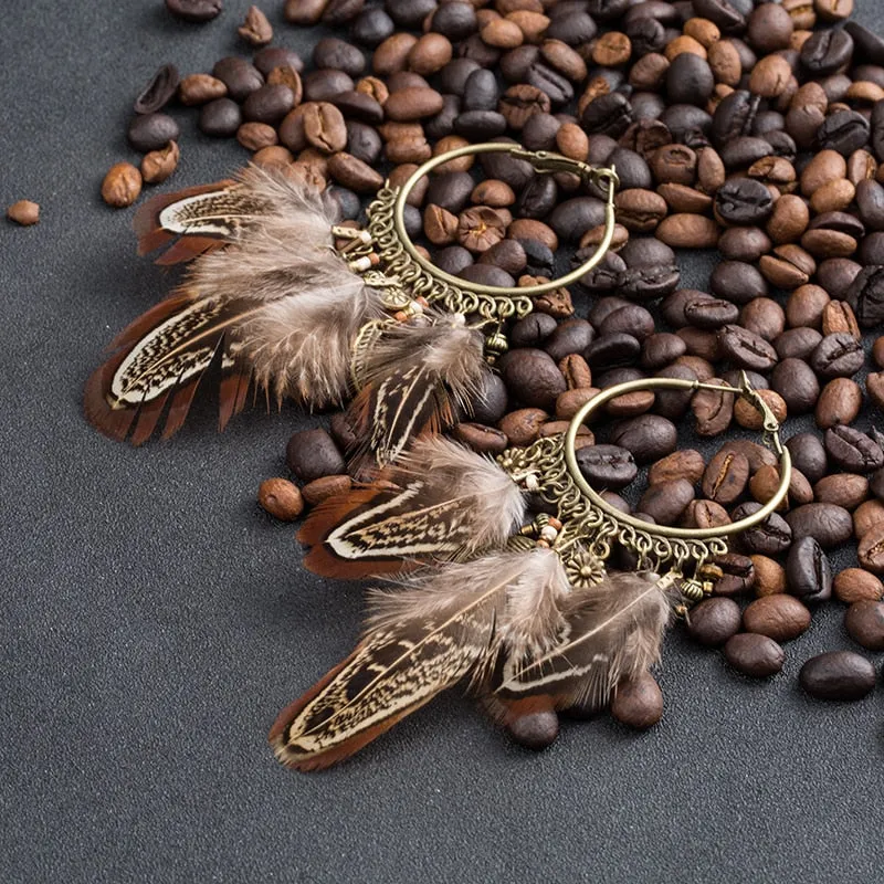 Boho Exaggerate Brown Feather Tassel Pendant Earrings For Women Bohemian  Metal Round Circle Wood Metal Chain Earring Jewelry