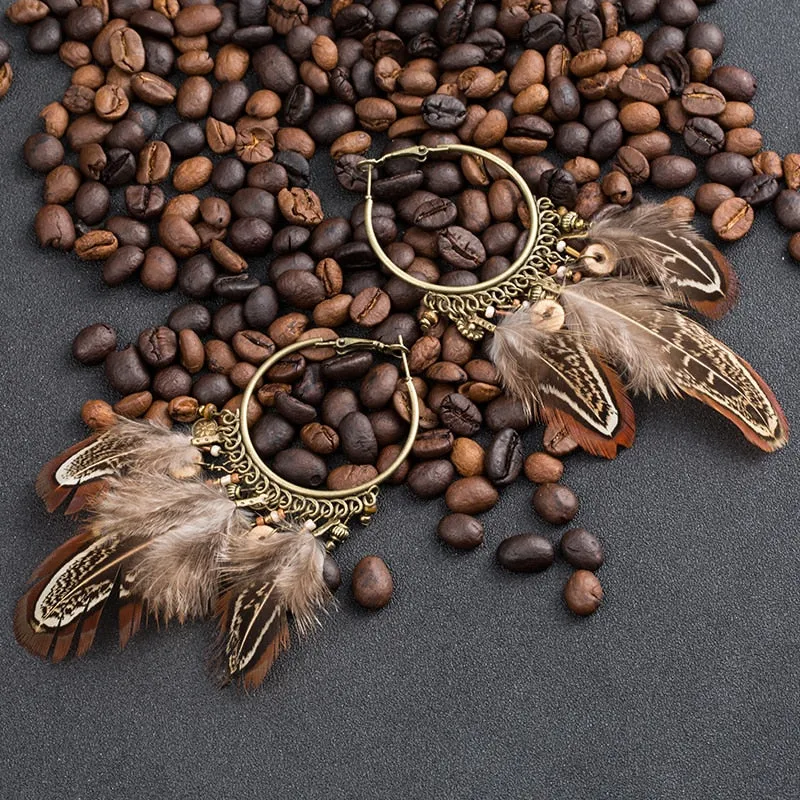 Boho Exaggerate Brown Feather Tassel Pendant Earrings For Women Bohemian  Metal Round Circle Wood Metal Chain Earring Jewelry