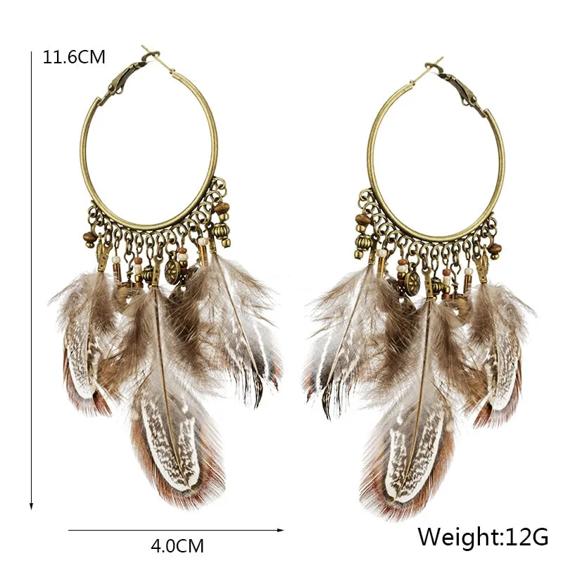 Boho Exaggerate Brown Feather Tassel Pendant Earrings For Women Bohemian  Metal Round Circle Wood Metal Chain Earring Jewelry