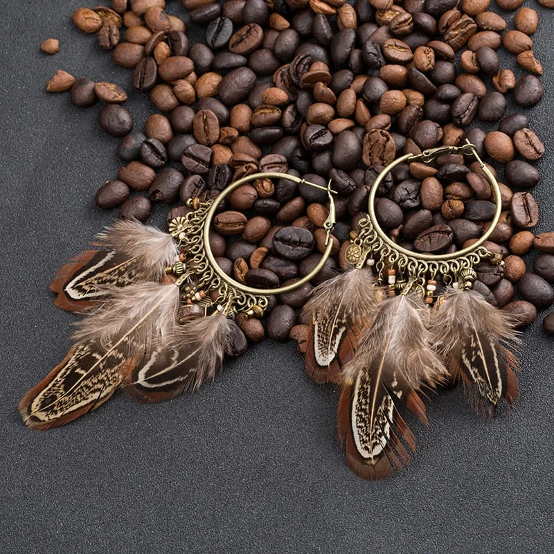 Boho Exaggerate Brown Feather Tassel Pendant Earrings For Women Bohemian  Metal Round Circle Wood Metal Chain Earring Jewelry