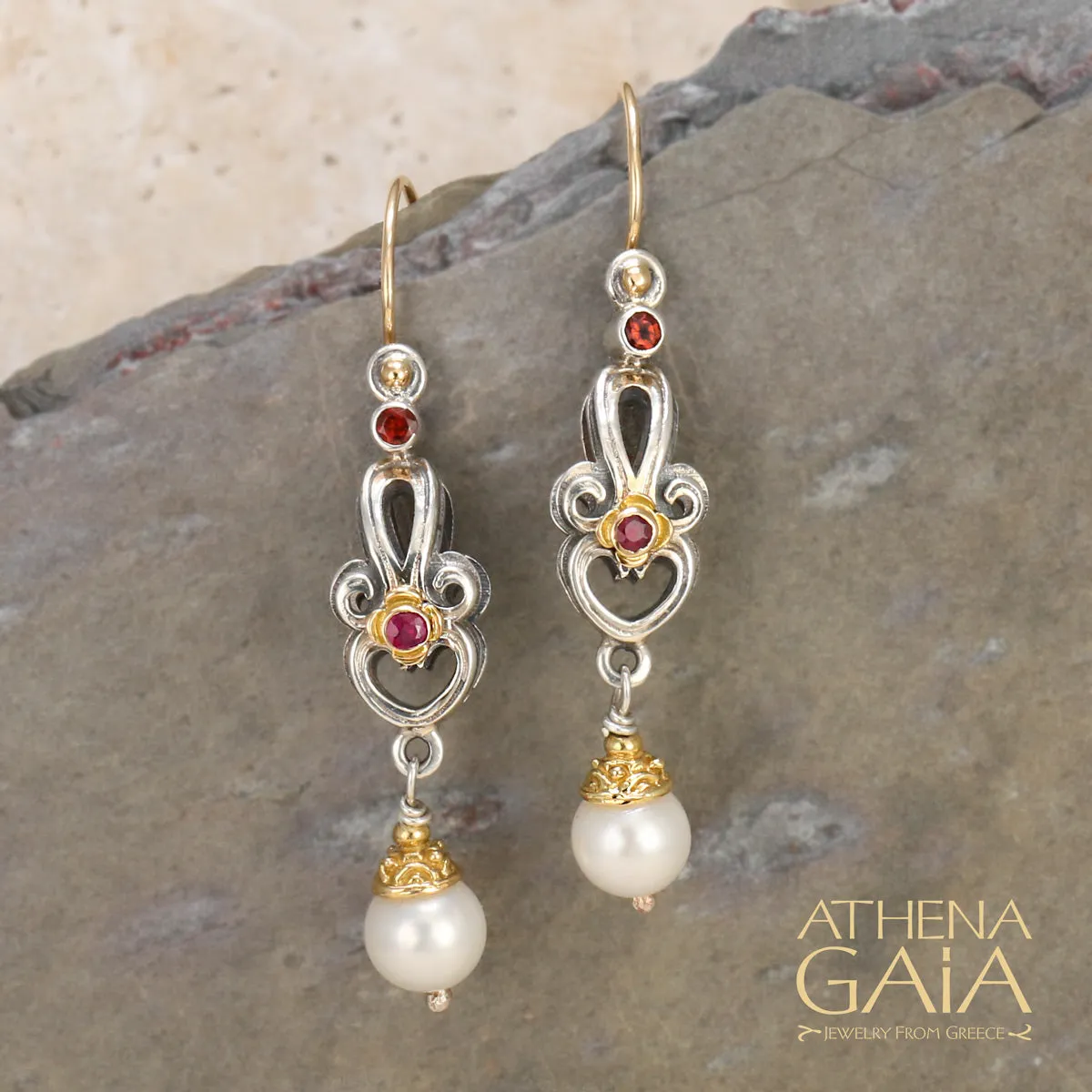 Byzantine Chandelier Earrings with Pearls and Rubies