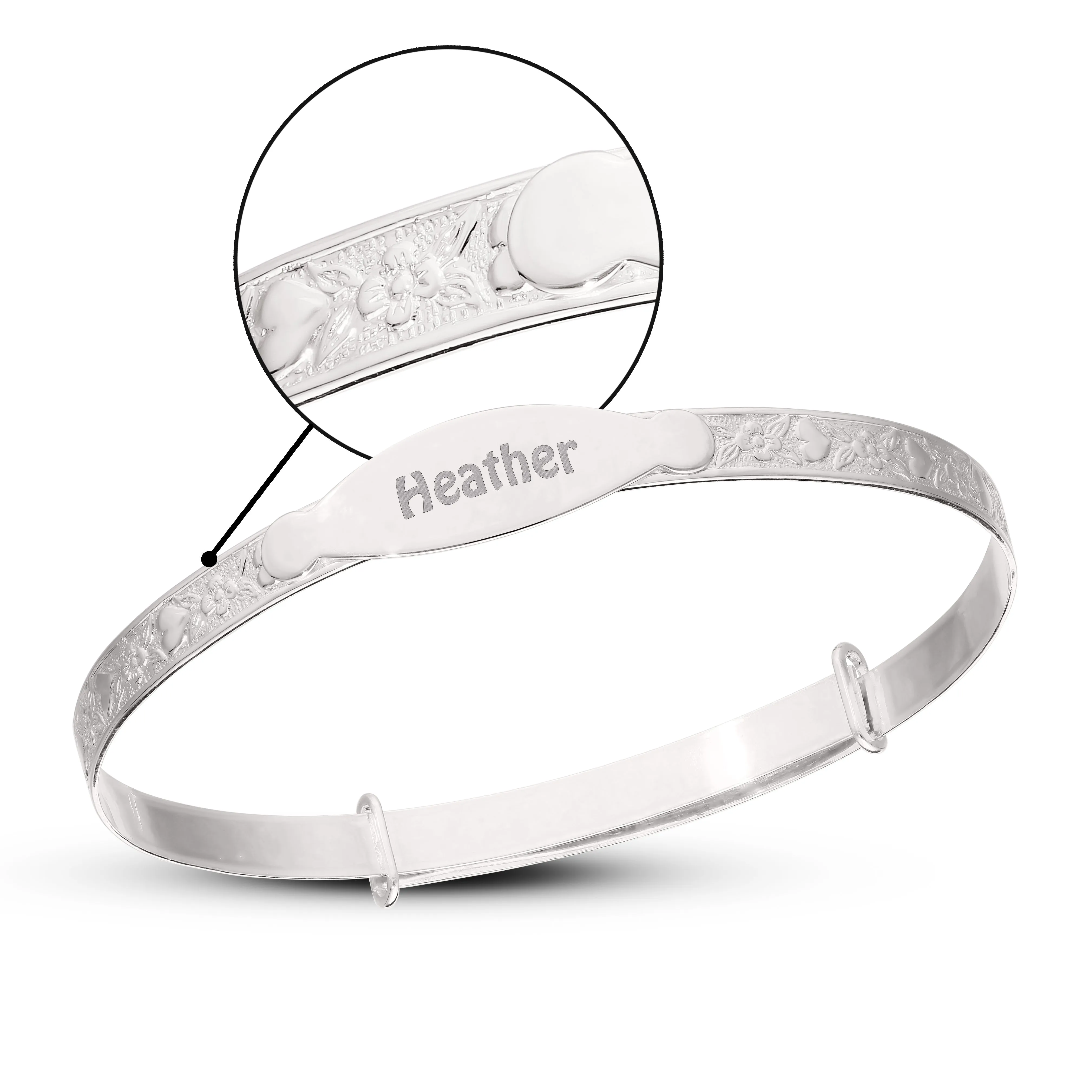 Children's Expandable Silver or Gold plated ID Bangle with Flowers and Hearts (5  years)