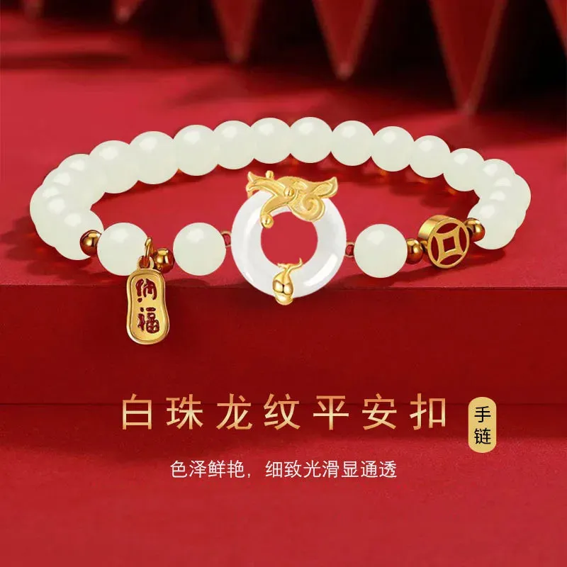 Chinese Trend Retro Auspicious Dragon Red Bead Bracelet for Women 2024 Zodiac White Bead Jewelry