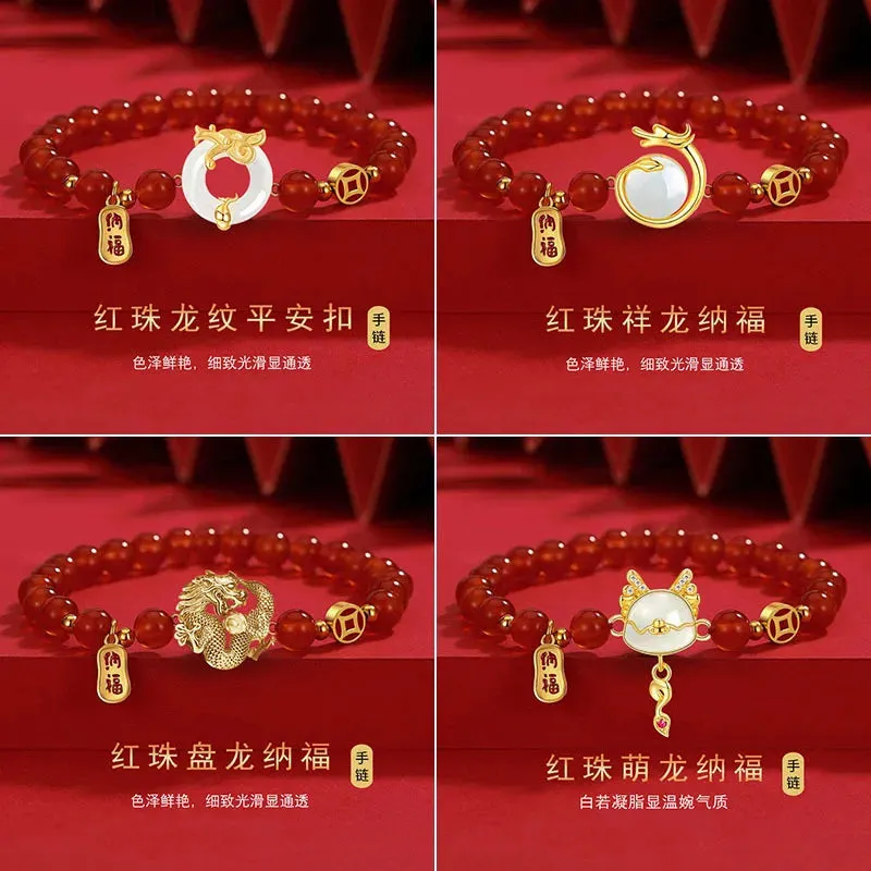 Chinese Trend Retro Auspicious Dragon Red Bead Bracelet for Women 2024 Zodiac White Bead Jewelry