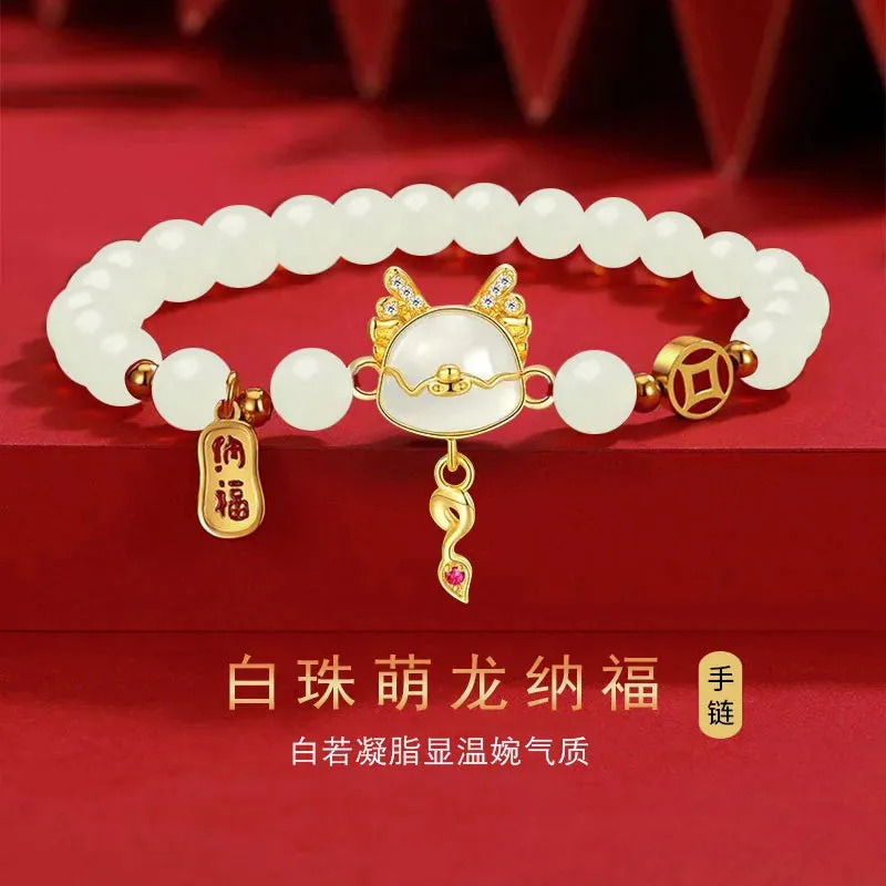 Chinese Trend Retro Auspicious Dragon Red Bead Bracelet for Women 2024 Zodiac White Bead Jewelry