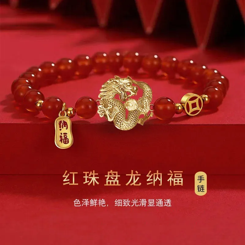 Chinese Trend Retro Auspicious Dragon Red Bead Bracelet for Women 2024 Zodiac White Bead Jewelry