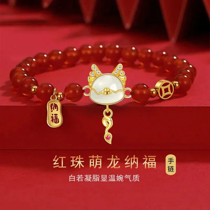 Chinese Trend Retro Auspicious Dragon Red Bead Bracelet for Women 2024 Zodiac White Bead Jewelry