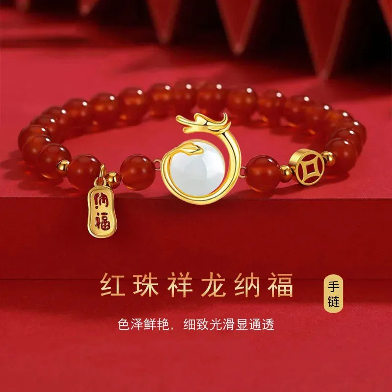 Chinese Trend Retro Auspicious Dragon Red Bead Bracelet for Women 2024 Zodiac White Bead Jewelry