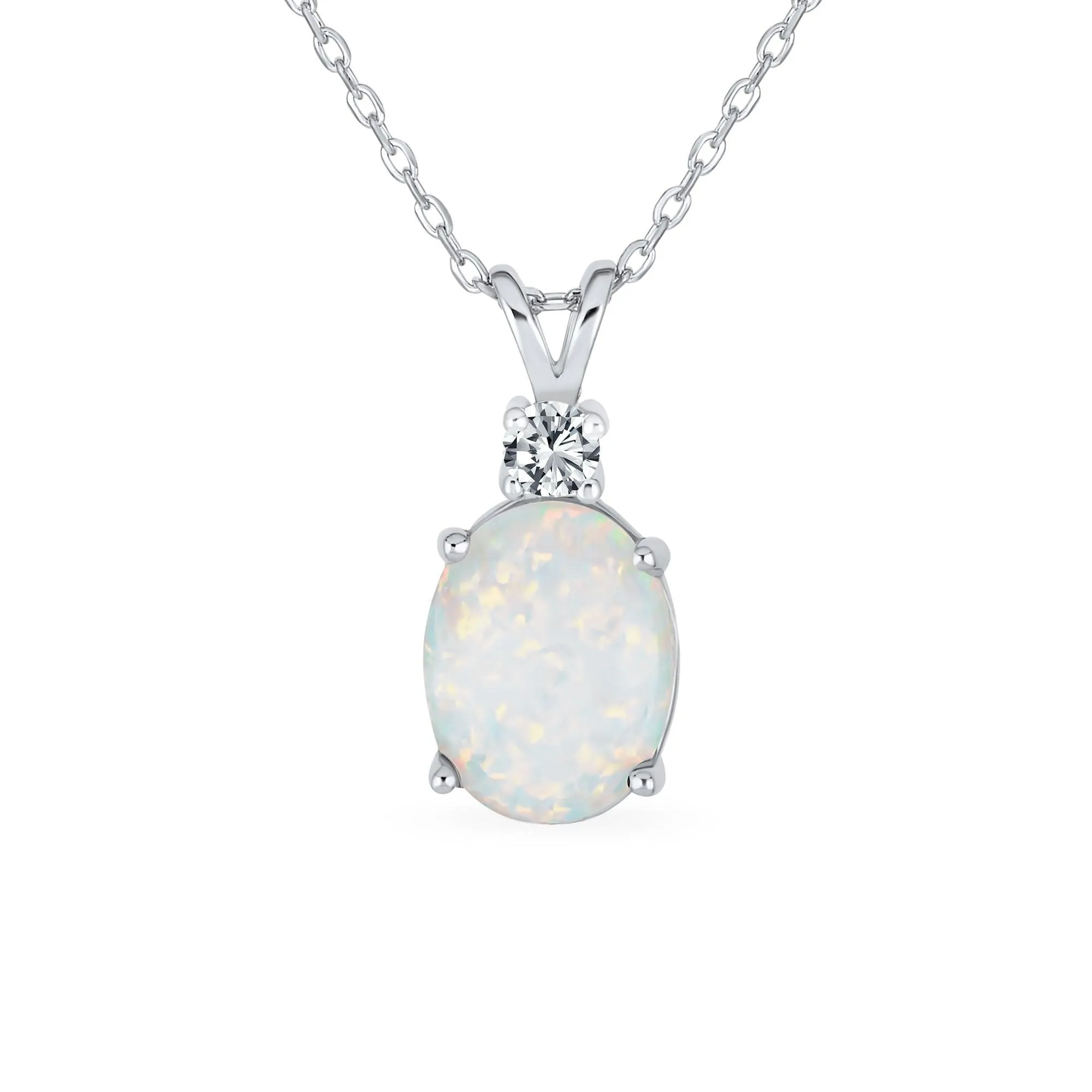 Classic Gemstone CZ Accent Opal Pendant Necklace 14K Gold Plated 16-18 Inch