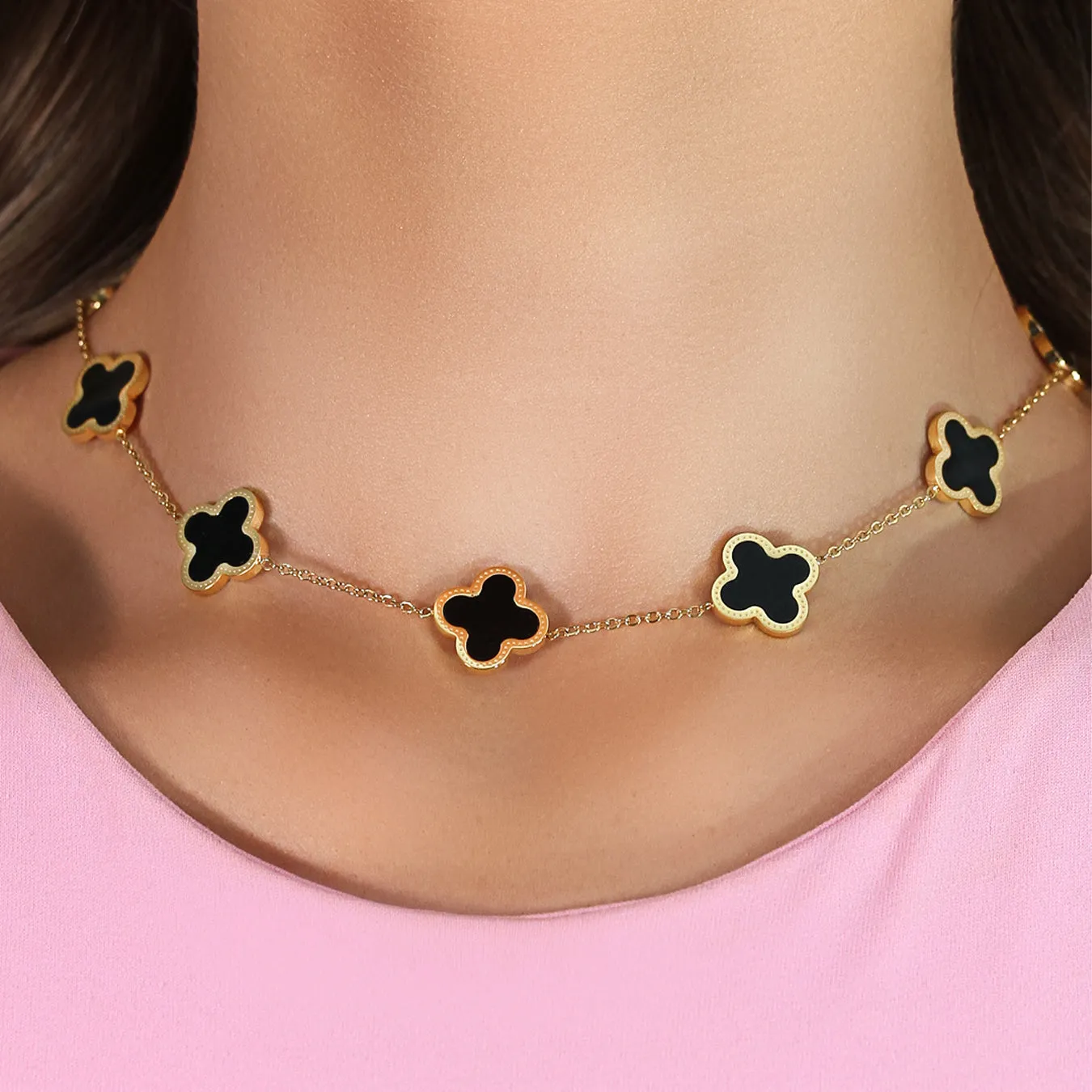 Clover Choker Necklace (Gold & Black)