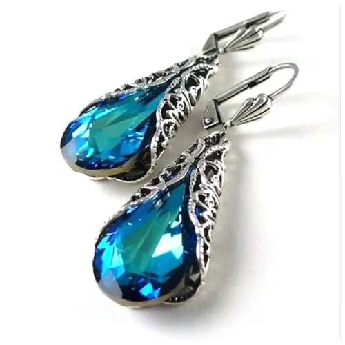 Crafted Silver PlatedElegant Blue Crystal Drop Earring