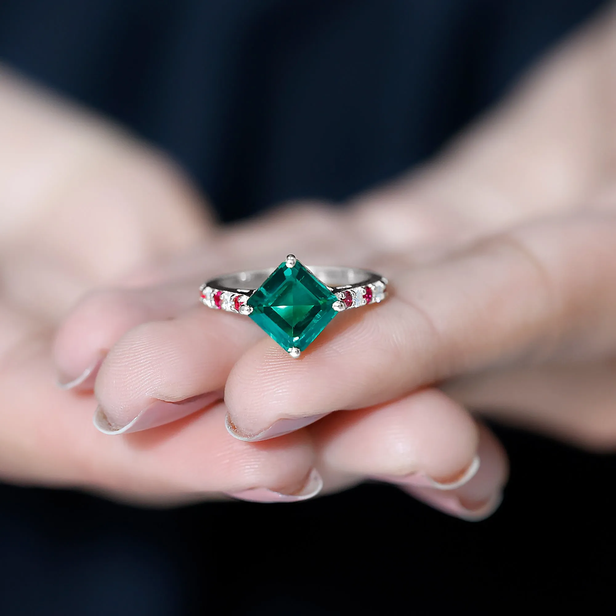 Created Emerald Solitaire Engagement Ring with Moissanite