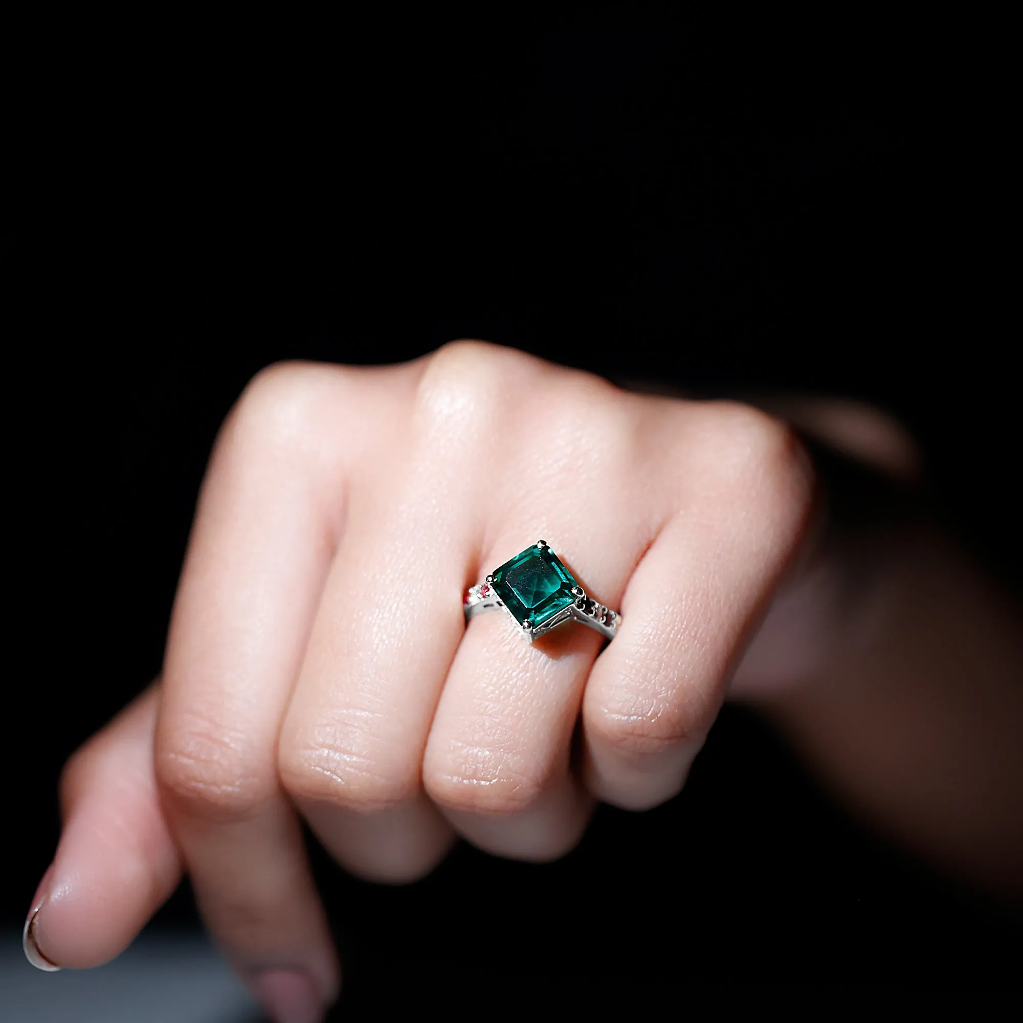 Created Emerald Solitaire Engagement Ring with Moissanite