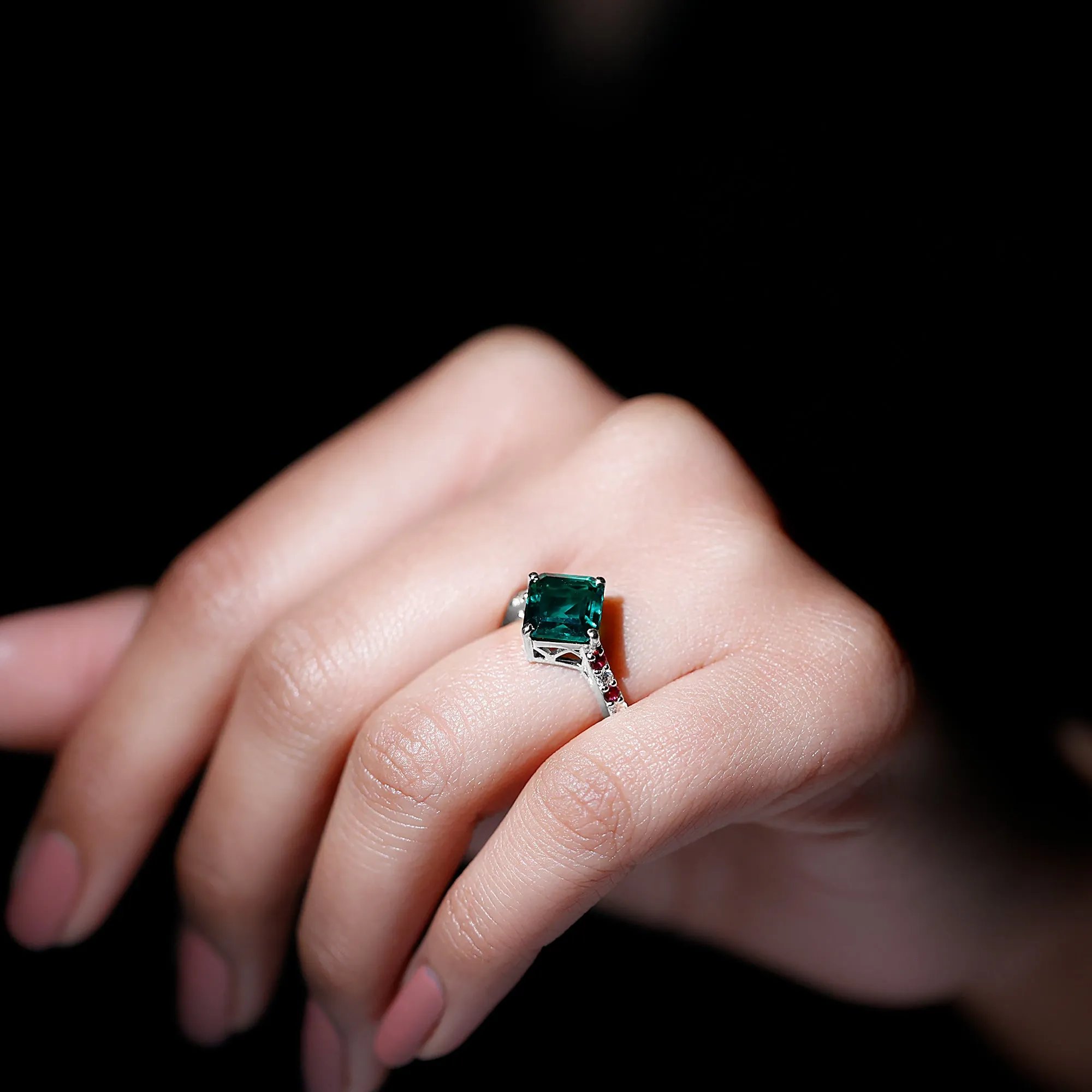 Created Emerald Solitaire Engagement Ring with Moissanite