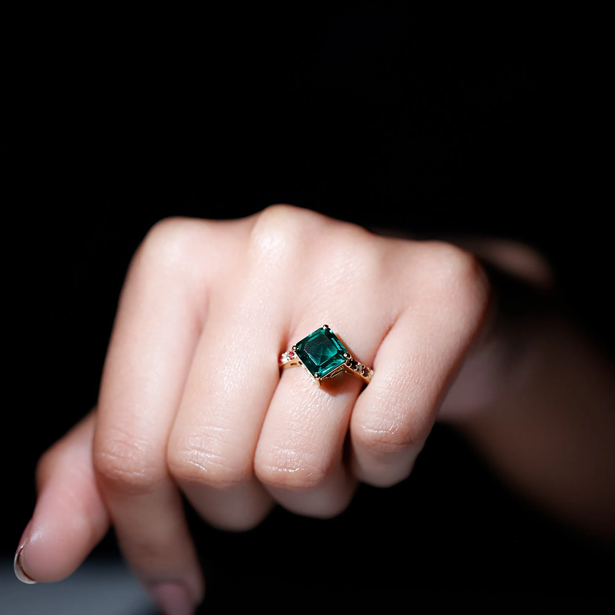 Created Emerald Solitaire Engagement Ring with Moissanite