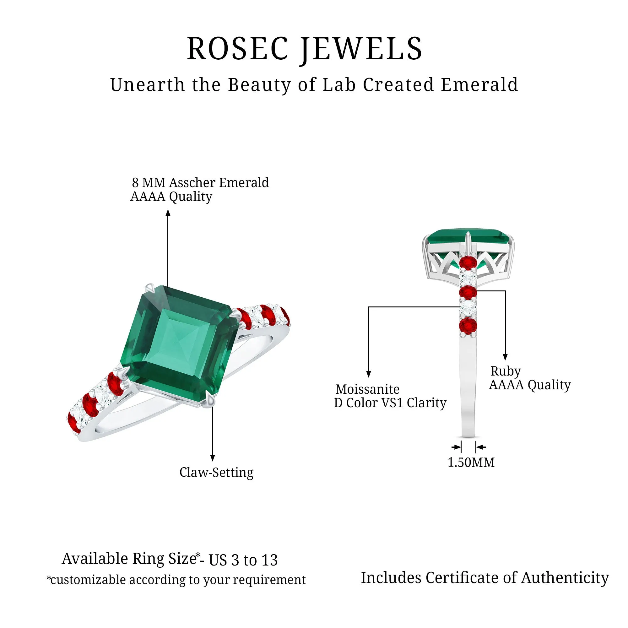 Created Emerald Solitaire Engagement Ring with Moissanite