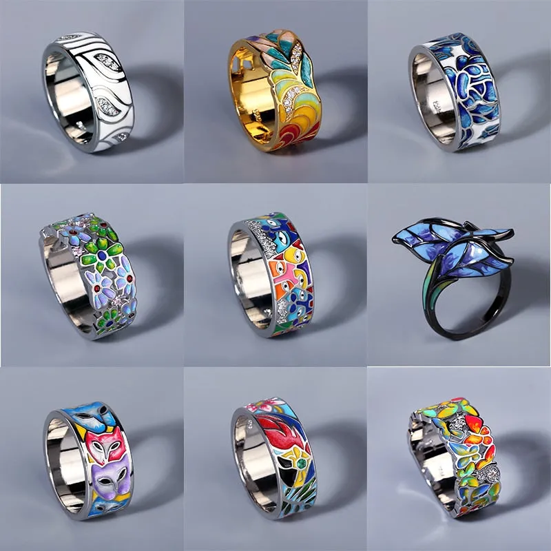 Creative Handmade Enamel Rings for Women in 925 Silver