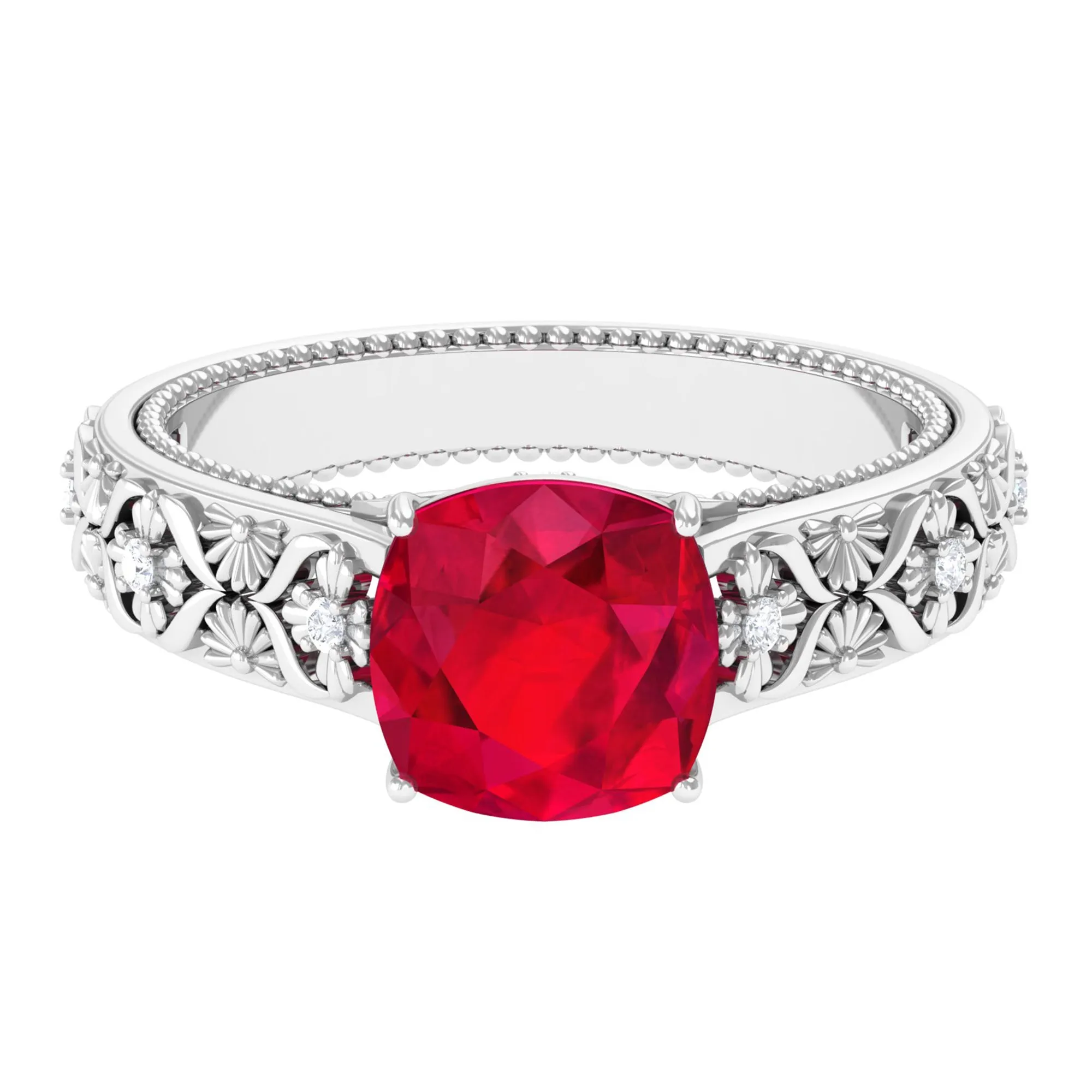 Cushion Cut Lab Grown Ruby Floral Engagement Ring with Diamond