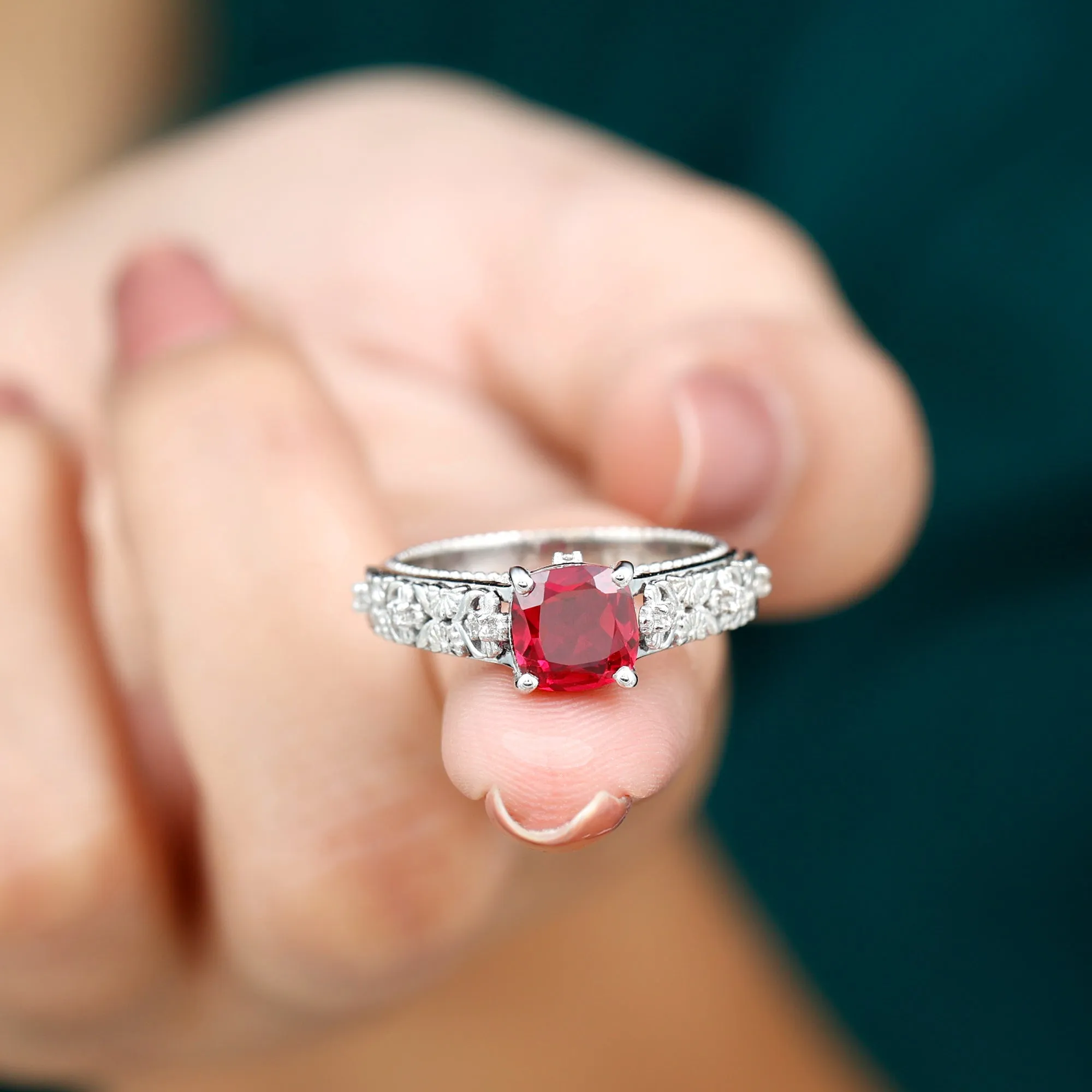 Cushion Cut Lab Grown Ruby Floral Engagement Ring with Diamond