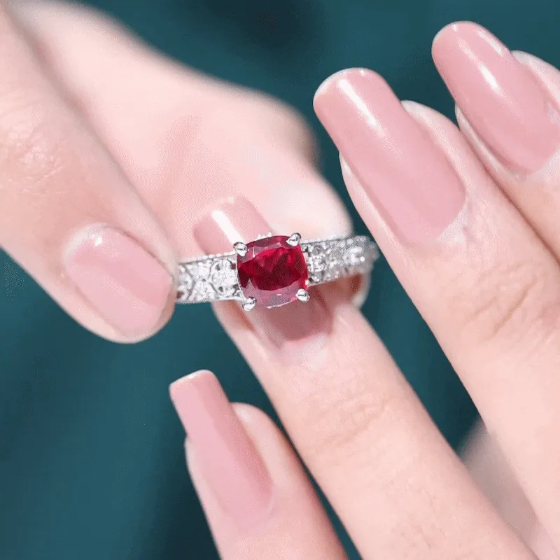 Cushion Cut Lab Grown Ruby Floral Engagement Ring with Diamond