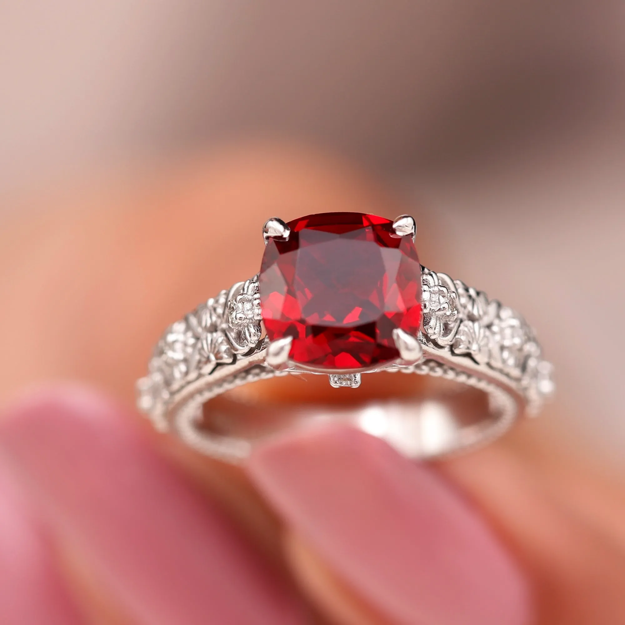 Cushion Cut Lab Grown Ruby Floral Engagement Ring with Diamond