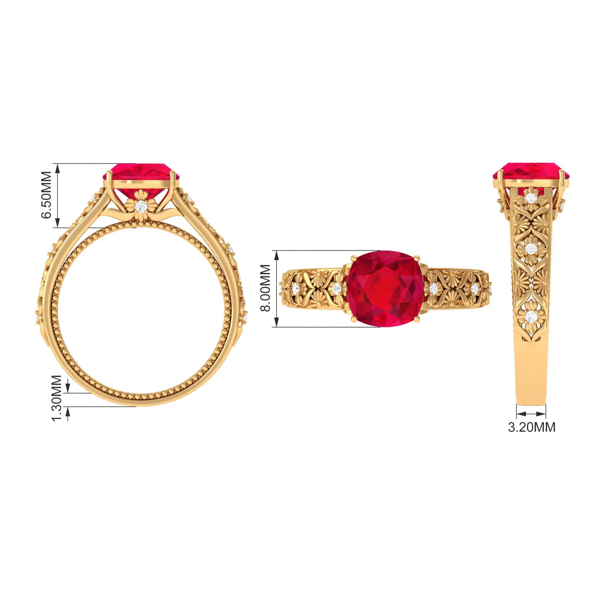 Cushion Cut Lab Grown Ruby Floral Engagement Ring with Diamond