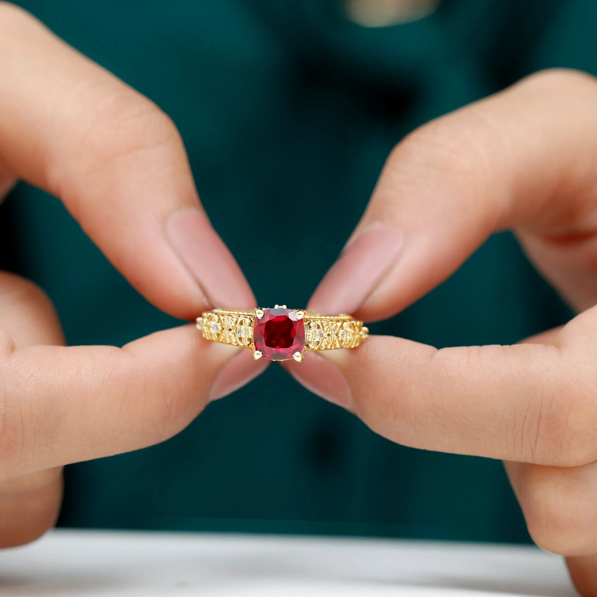 Cushion Cut Lab Grown Ruby Floral Engagement Ring with Diamond