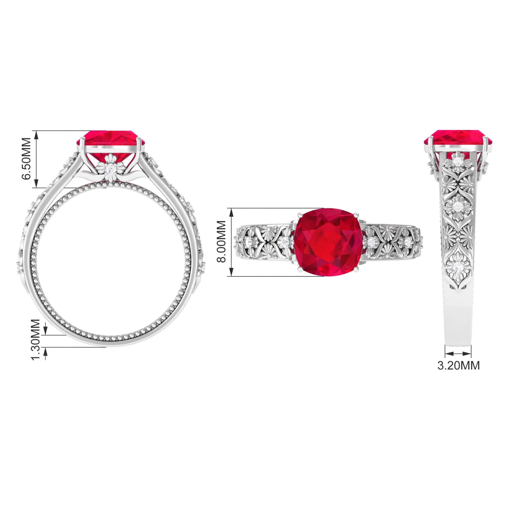 Cushion Cut Lab Grown Ruby Floral Engagement Ring with Diamond