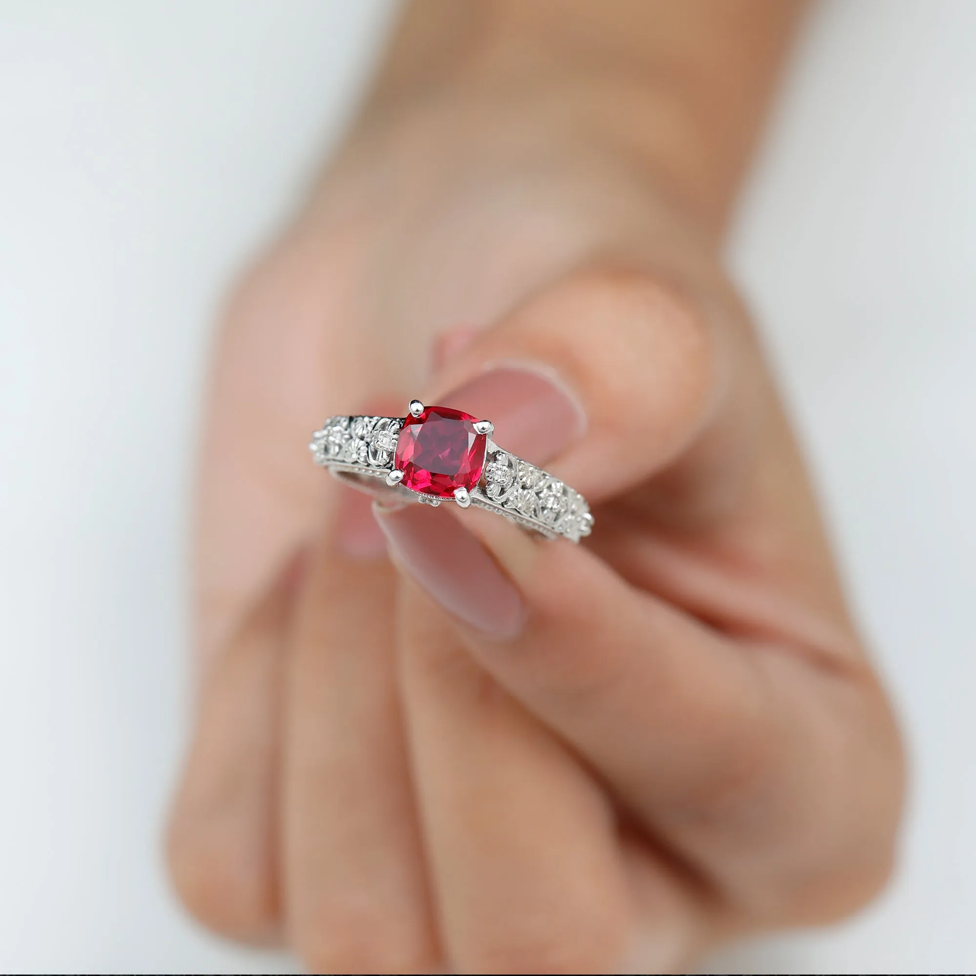 Cushion Cut Lab Grown Ruby Floral Engagement Ring with Diamond