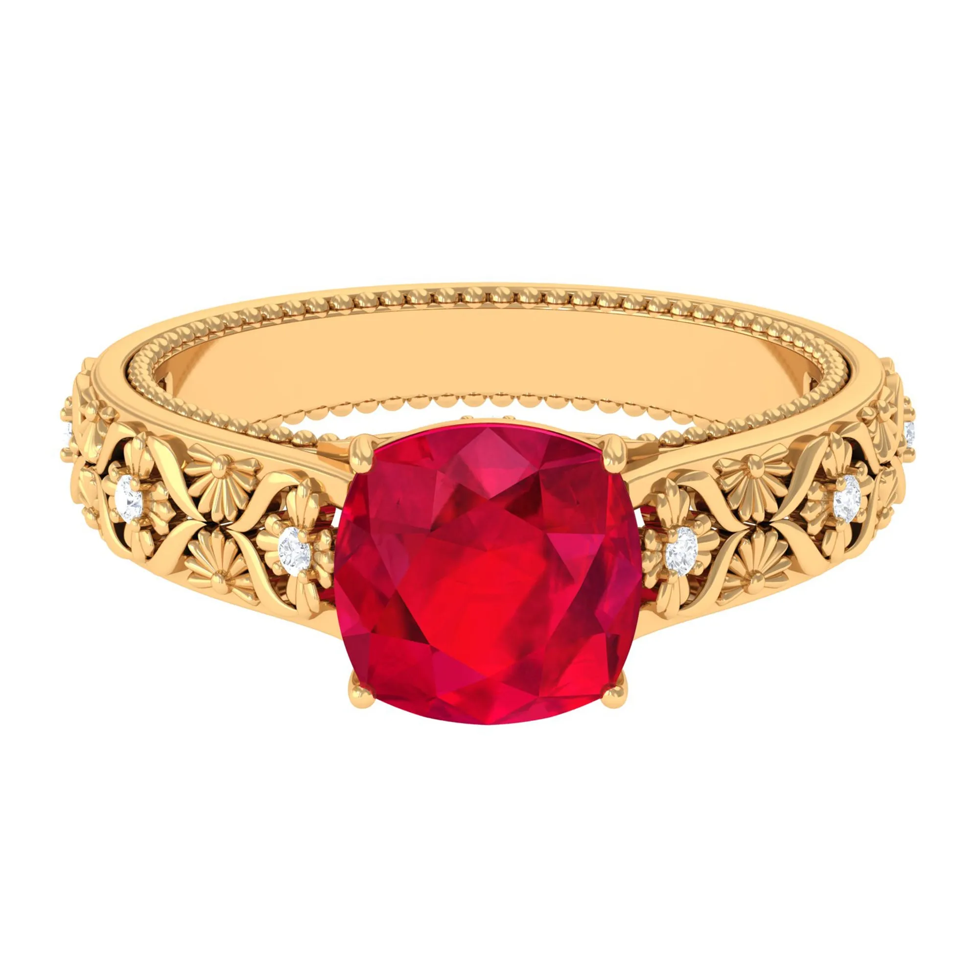 Cushion Cut Lab Grown Ruby Floral Engagement Ring with Diamond