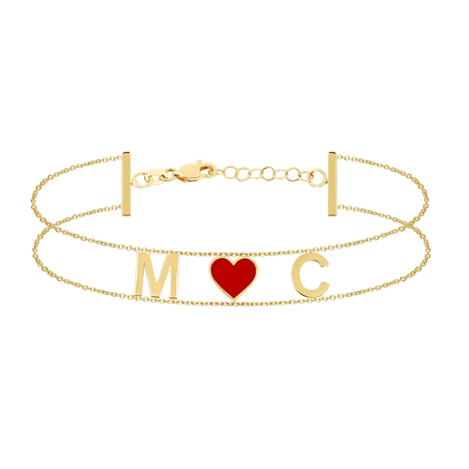 Custom Initials And Enamel Middle Heart Double Chain Bracelet