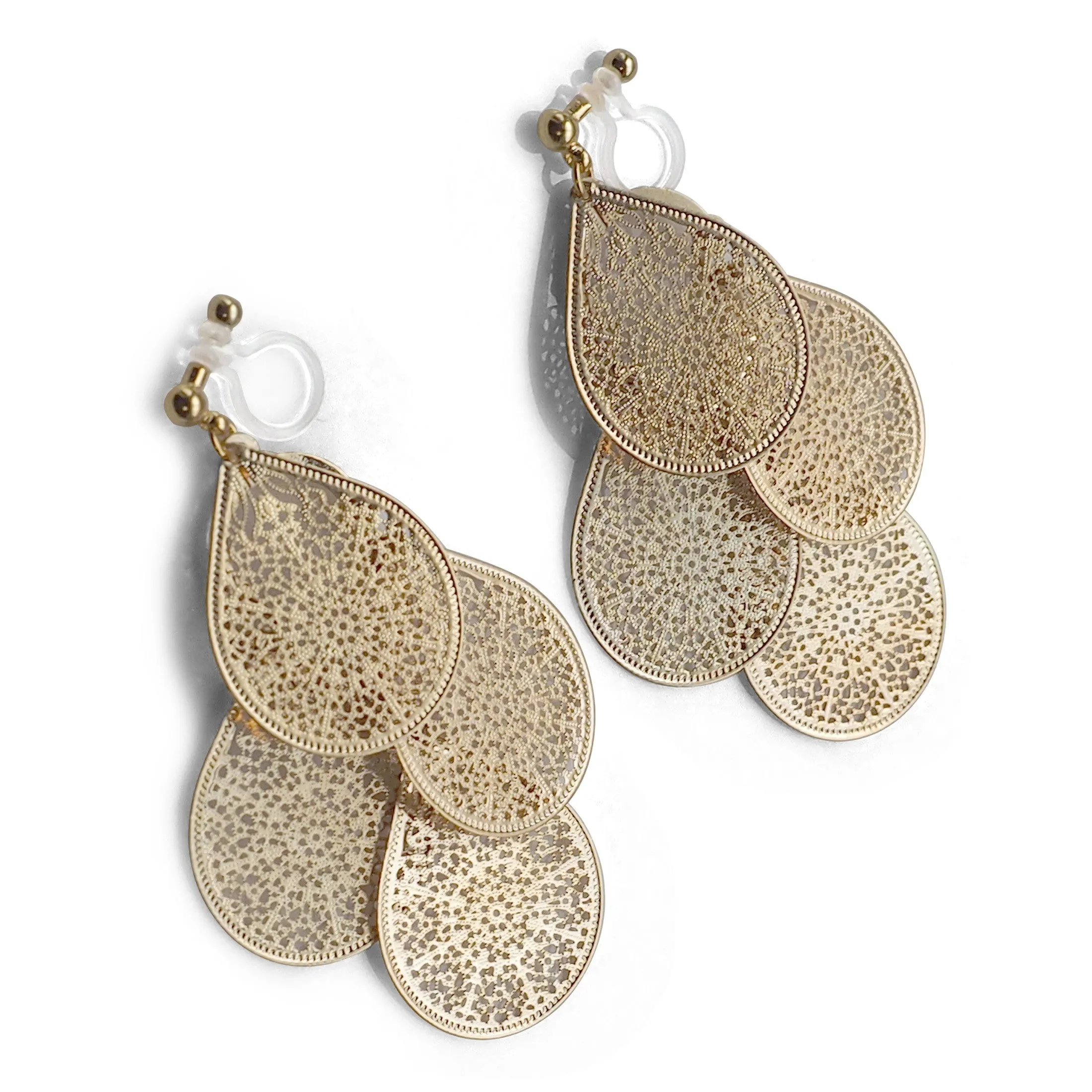 Dangle gold filigree invisible clip on earrings