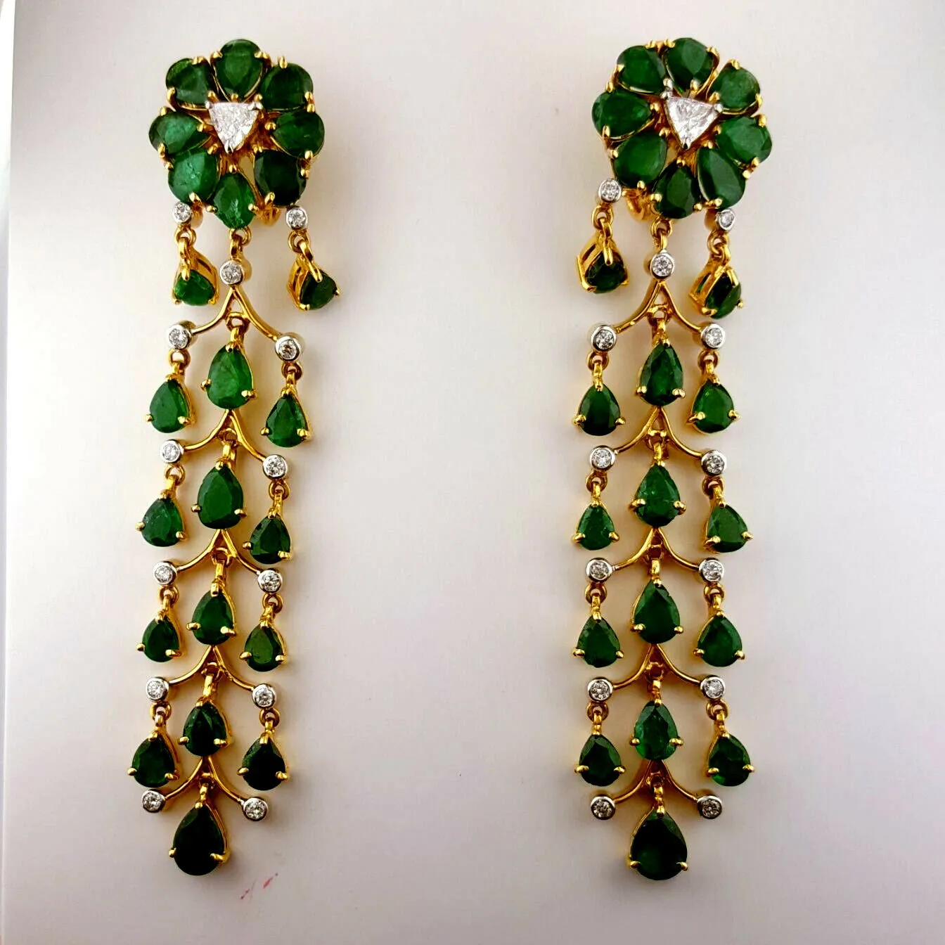 Drop Diamond Earrings Certified 14k Yellow Gold Natural Green Emerald Chandelier