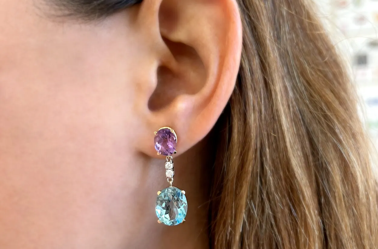 Earrings 18kt Gold Amethyst & Blue Topaz Drops with Diamonds