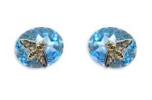 Earrings 18kt Gold Oval Blue Topaz & Bug Studs