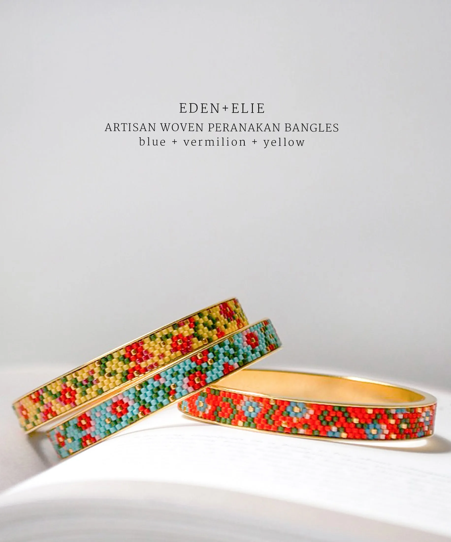 EDEN   ELIE Modern Peranakan gold narrow bangles set of 2 - blue   vermilion