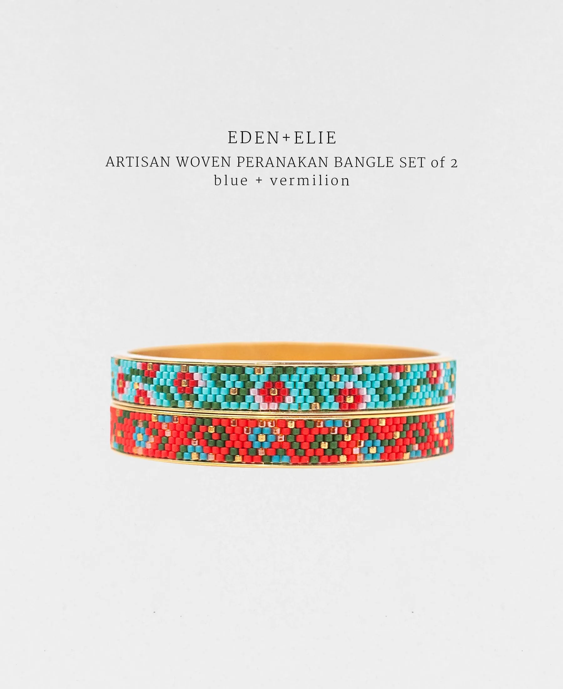 EDEN   ELIE Modern Peranakan gold narrow bangles set of 2 - blue   vermilion