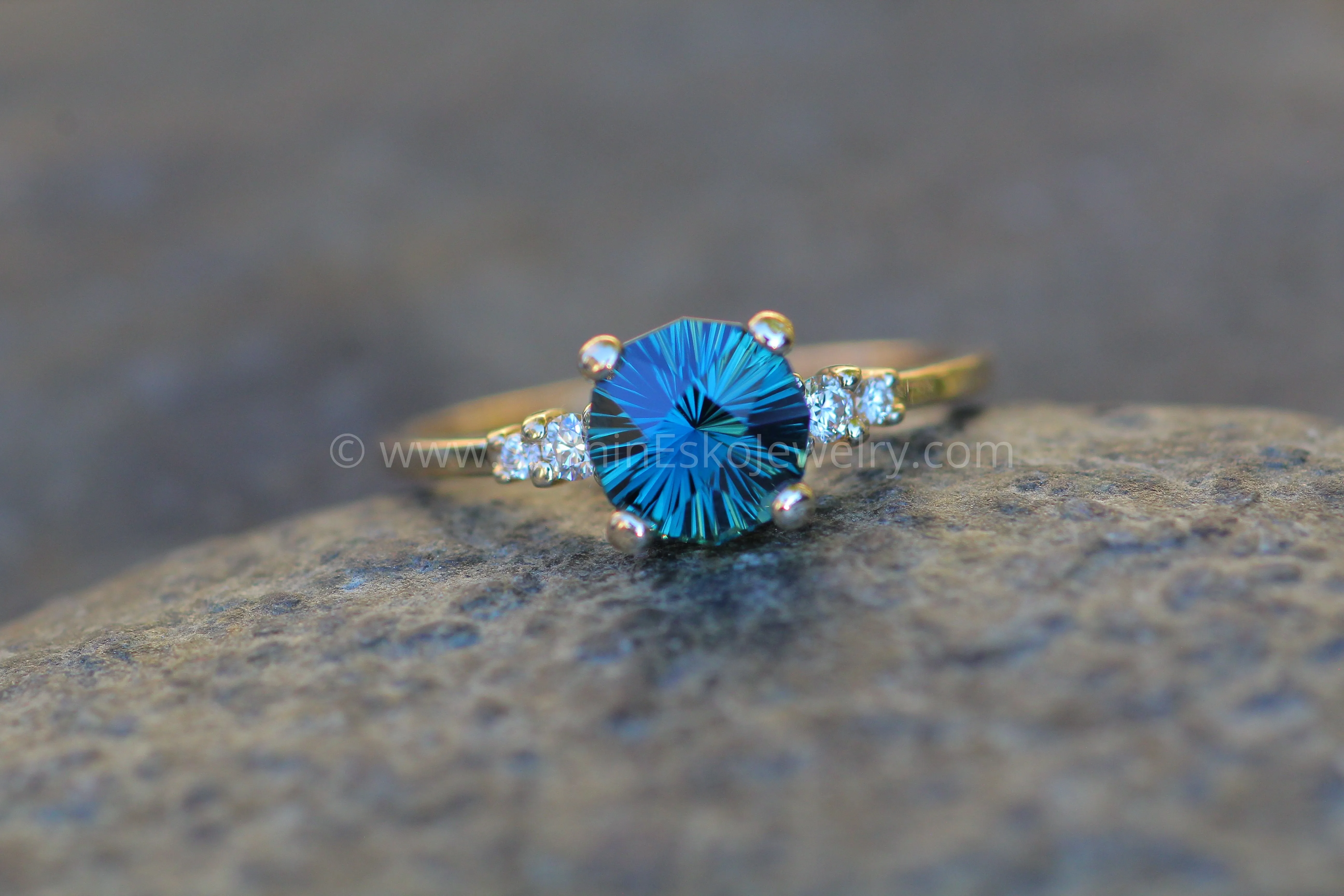 Five Stone Diamond Accented Multi Prong Setting - Depicted with a Teal Sapphire (Setting Only, Center Stone Sold Separately)